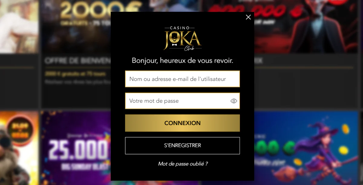 Casino Joka Club formulaire de connexion avec champs identifiant et mot de passe, bouton de connexion, inscription et récupération du mot de passe