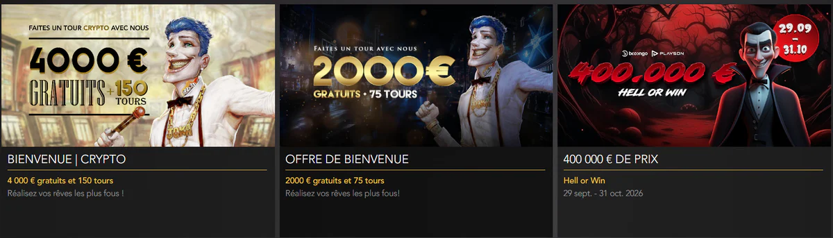 Casino Joka Club promotions avec 4 000 € et 150 tours gratuits en crypto, 2 000 € et 75 tours gratuits de bienvenue, et 400 000 € de prix Hell or Win